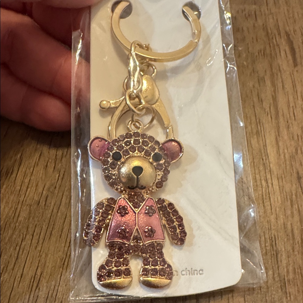 Pink Teddy Bear Rhinestone Keychain